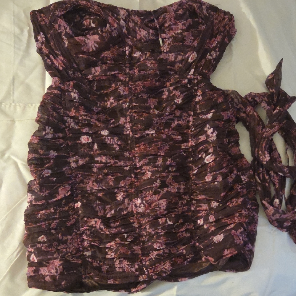 Sabina Musayev Strapless Ruched Dress in Dark Brown and Pink Floral